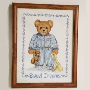 Sweet Dreams Framed Cross Stitch Pajama Bear Nursery Bedtime